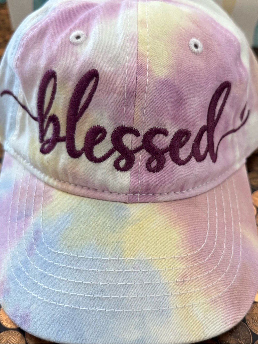 Blessed Embroidered Tie-Dye Baseball Cap -  Script in Plum